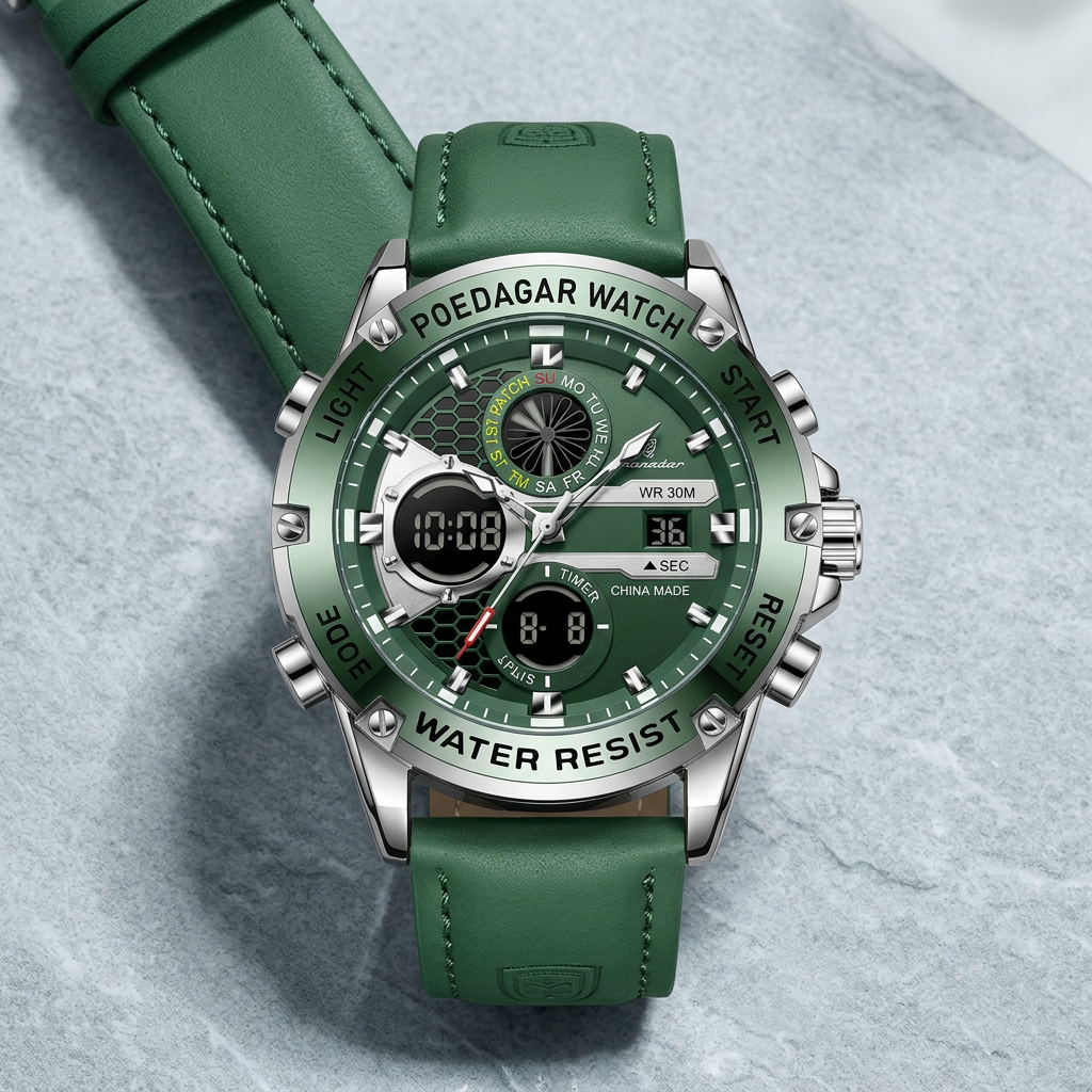 Montre POEDAGAR verte à affichage mixte